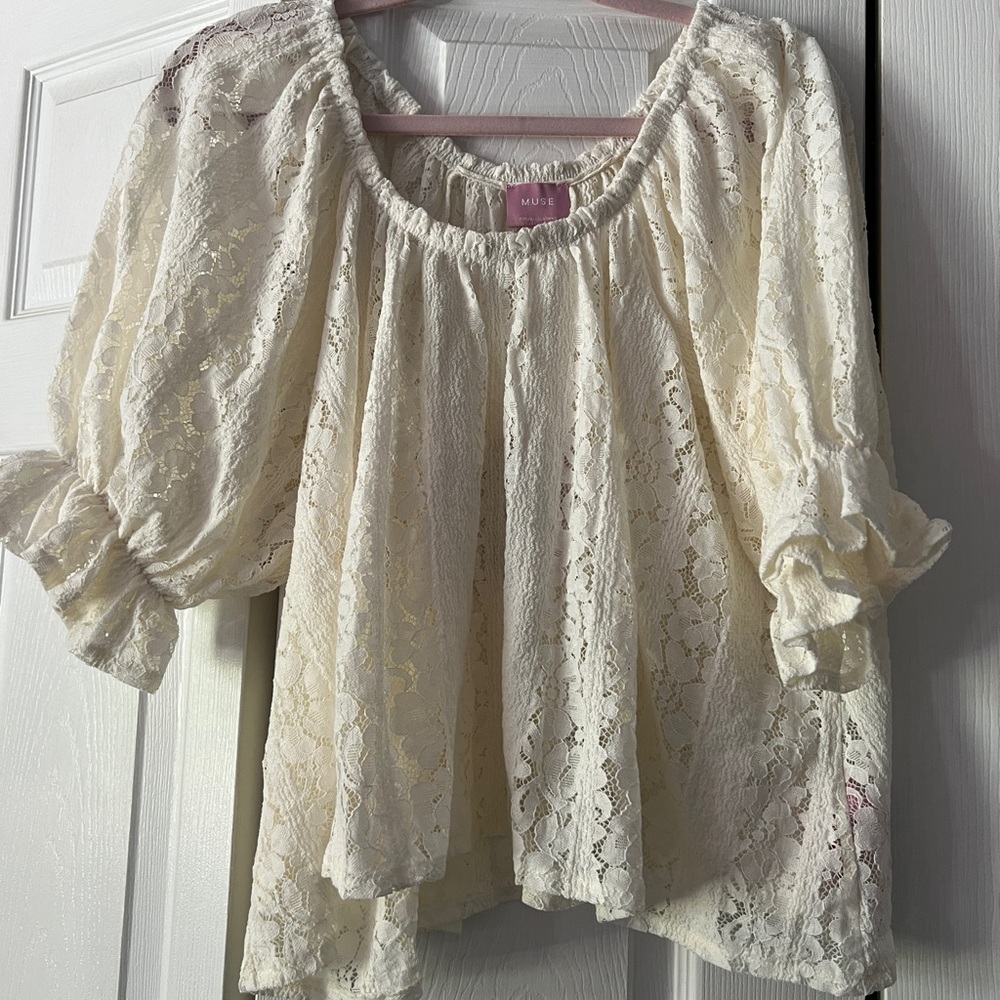 Muse Cream Lace Blouse with Statement Sleeve